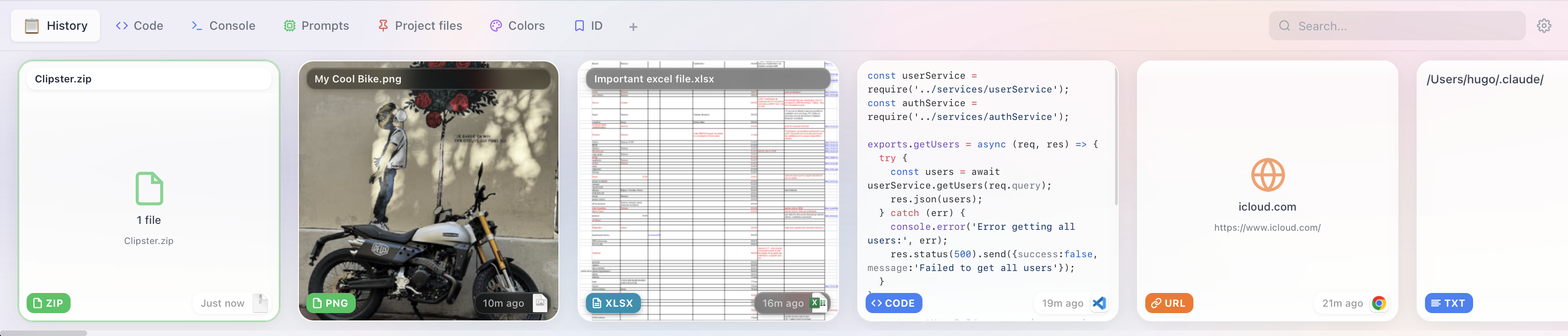 Clipster app interface showing clipboard history